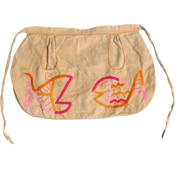 vicki Accessories - Vintage Vicki Mexico Embroidered Tie Waist Apron Yellow Fish Pockets Kitchen